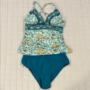 NWT Cupshe Boho Floral Tankini & Standard Teal Bottoms Set L